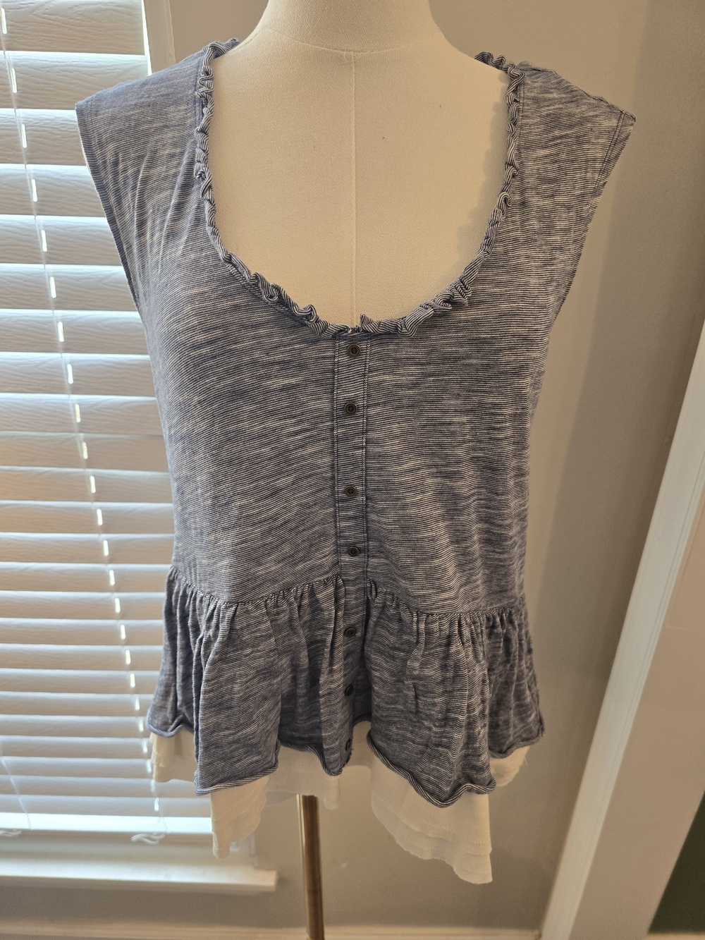 Pilcro- Anthropologie Blue And White Ruffle Layered-Hem Sleeveless Scoop Tank